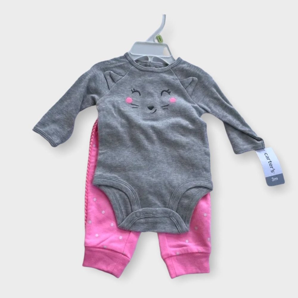 BNWT Carter's 2 Piece Polka Dot with Kitty Long Sleeve Set, 3 Months - Picture 1 of 3